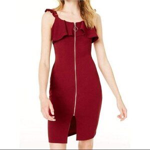 Crave Fame Sz XS Ruffled Neck Zip Front Dress Burgundy Red Bodycon Strappy NWT